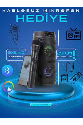 Bluetooth Hoparlör Kablosuz Mikrofonlu Karaoke Speaker Rgb 29cm Ses Bombası FmRadyo/Sd Kart/Usb /Aux Image 0