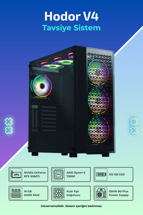 Hodor V4 R5-7500F 16GB RAM 512GB SSD 16GB RTX5060Ti FreeDos Masaüstü Oyuncu Bilgisayarı Image 0