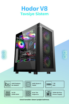 Hodor V8 R5-7500F 16GB RAM 1TB SSD 16GB RX9060XT FreeDos Masaüstü Oyuncu Bilgisayarı Image 0