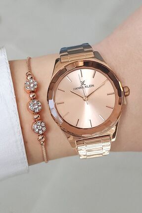 Kesme Camlı Rose Gold Kadın Kol Saati + Zirkon Taşlı Bileklik Seti Image 0