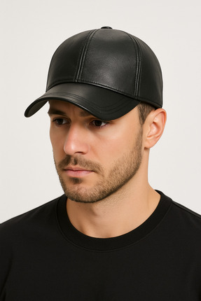 Tasarım Hakiki Deri Siyah Şapka Image 1