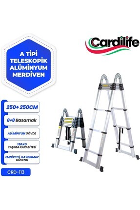 250 + 250 Cm. - 8+8 Basamaklı Alüminyum Teleskopik Merdiven - A Tipi Uzayan Merdiven Image 0