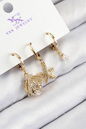 Pirinç Zirkon Taşlı 3'lü İstiridye Ve Yıldız Model Gold Renk Kadın Küpe Image 0