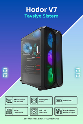 Hodor V7 R5-7500F 16GB 512GB SSD 8GB RX9060XT FreeDos Masaüstü Oyuncu Bilgisayarı Image 0