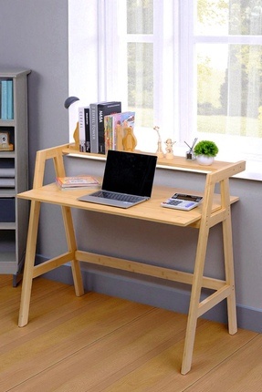 Bambu Masif Çalışma Masası 1 Raflı Kitaplıklı Ofis Bilgisayar Masası DB-0030 Image 0