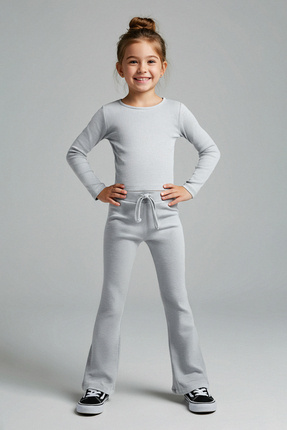 Gri Melanj Düz/Basic Esnek Regular Örme Kız Çocuk Taytlı Alt - Üst Takım TKDAW26AU00010 Image 0