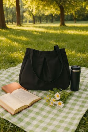 Siyah Çok Amaçlı Premium Oversize Düz Orta Boy Kanvas Kadın El ve Omuz Çantası Image 0