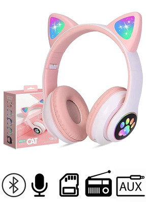 Pembe Stn28 Renk Kablosuz Bluetooth 5.0 Led Işıklı Kedili Şık Kulaklık Hediye Fm Image 0