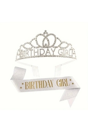 Birthday Girl Taç ve Kuşak Seti – Gümüş Parıltılı Doğum Günü Aksesuarı Image 0