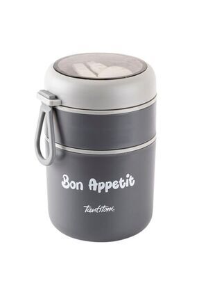 036-01-TANTİTONİ PASLANMAZ ÇELİK YUVARLAK 2 KATLI FÜME-GRİ PLASTİK KAŞIKLI YEMEK TAŞIMA KABI 710ML Image 0