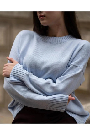 Kadın Mavi  Oversize Triko Kazak - Yumuşak Dokulu Bisiklet Yaka MEVSİMLİK Image 0