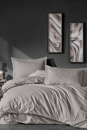 Elegant Stripe Çift Kişilik Nevresim Takımı Saten Bej Image 0