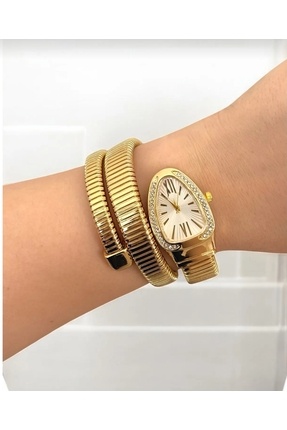 Kadın Yılan Model Gold Rengi Kutu Kol Saati Image 0