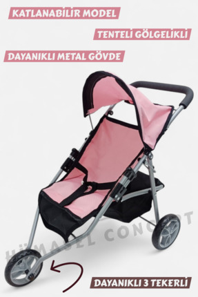 Metal Dayanıklı Gövde 64 cm Tenteli Gölgelikli Oyuncak Bebek Arabası 3 Tekerli - Metal Bebek Arabası Image 0