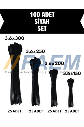 3.6x150-200-250-300 mm Kablo Bağı SET - Plastik Kelepçe - Cırt Kelepçe (SİYAH) ( 100 Adet ) Image 0