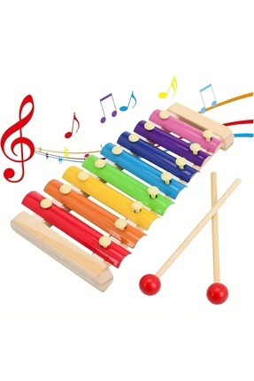 Eğitici Ahşap Ksilofon – 8 Tonlu Renkli Müzik Oyuncağı Image 0