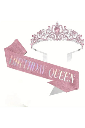 Pembe Taşlı Taç ve “Birthday Queen” Yazılı Saten Kuşak Doğum Günü Seti Image 0