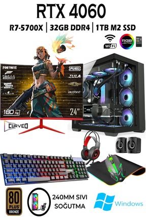 TC82 Ryzen 7 5700X 32GB 1TB M.2 SSD RTX4060 8GB 24'' 180Hz Sıvı Soğutma Masaüstü Oyuncu Bilgisayarı Image 0