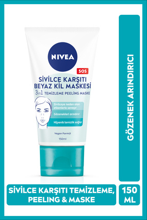 3in1 Sivilce Karşıtı Beyaz Kil Maskesi 150ml, Temizleyici, Peeling, Maske, Gözenek Arındırıcı Image 0