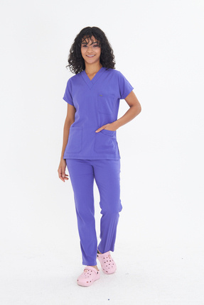 Unisex Yarasa Kol Likralı Doktor / Hemşire Forması Lavanta Takım / Scrubs Image 0