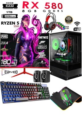 TC81X Ryzen 5 5500 32GB 1TB M.2 Nvme Ssd RX580 8GB 24'' 180hz Curved Oyuncu Masaüstü Bilgisayarı Image 0