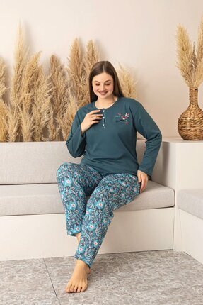 Nisanca Uzun Kollu %100 Pamuk Büyük Beden Anne Pijama Takımı- Anne Özel Serisi Image 0