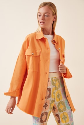 Happiness İst. Kadın Oranj Oversize Uzun Gabardin Ceket G&ouml;mlek  YP00119