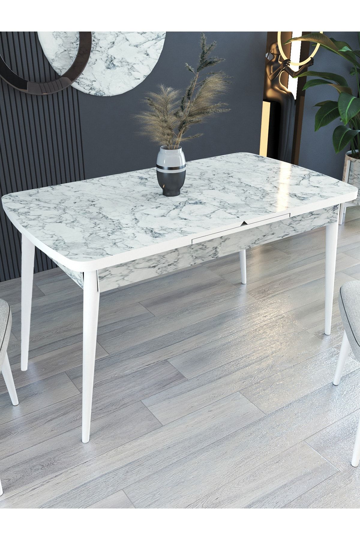 MYMASSA 70 X 120 Açılır Beyaz Mermer Desenli Masa - Mutfak Masası - Yemek Masası