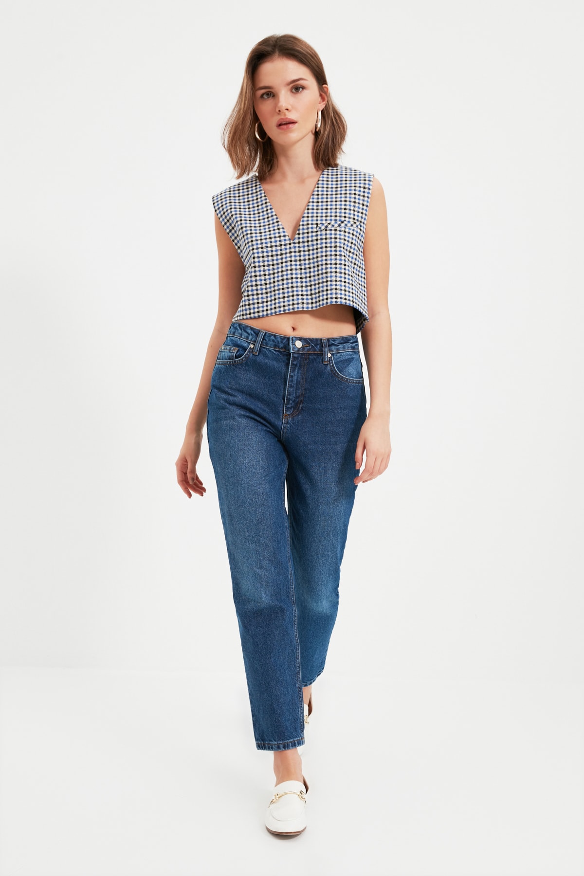 TRENDYOLMİLLA Koyu Mavi Petite Yüksek Bel Bootcut Jeans TWOAW22JE0607