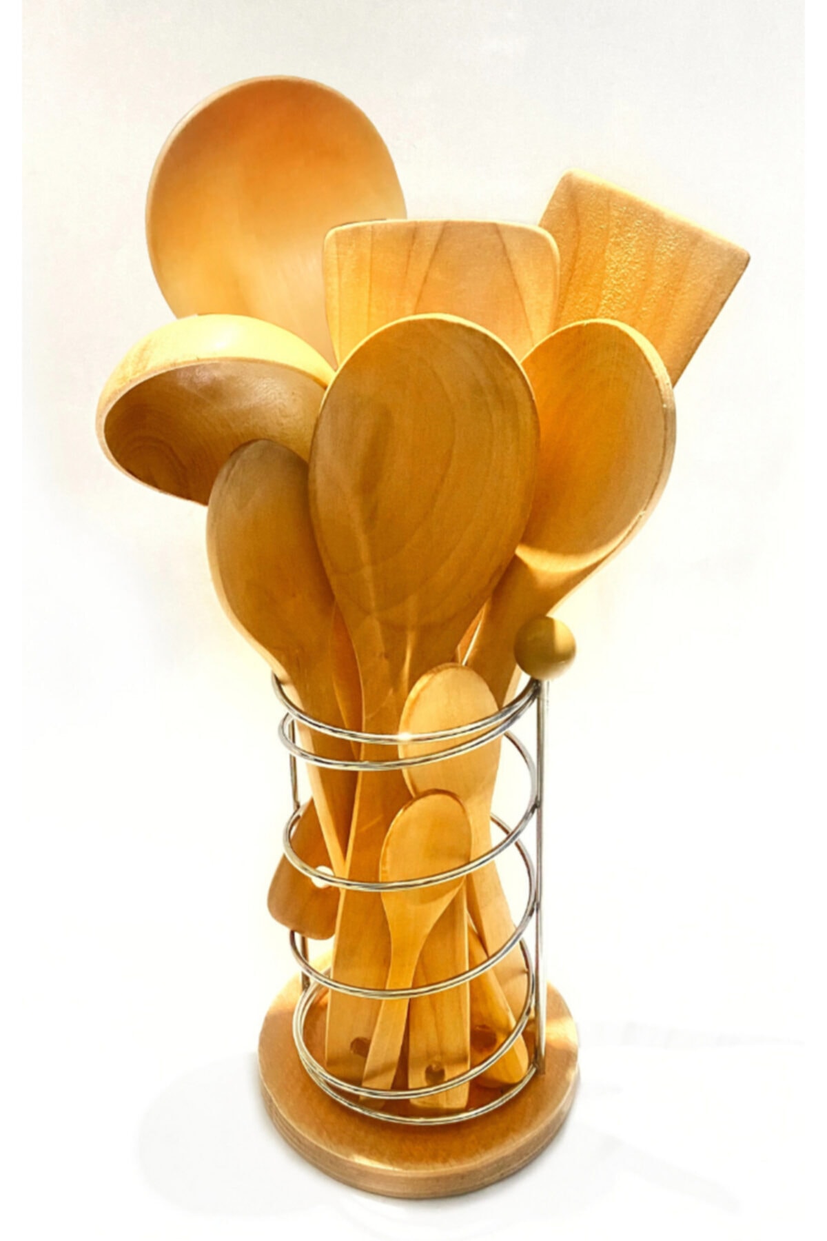 Kitchen Mania 10 parça bambu ahşap kaşık tahta spatula servis kepçe seti-metal standlı