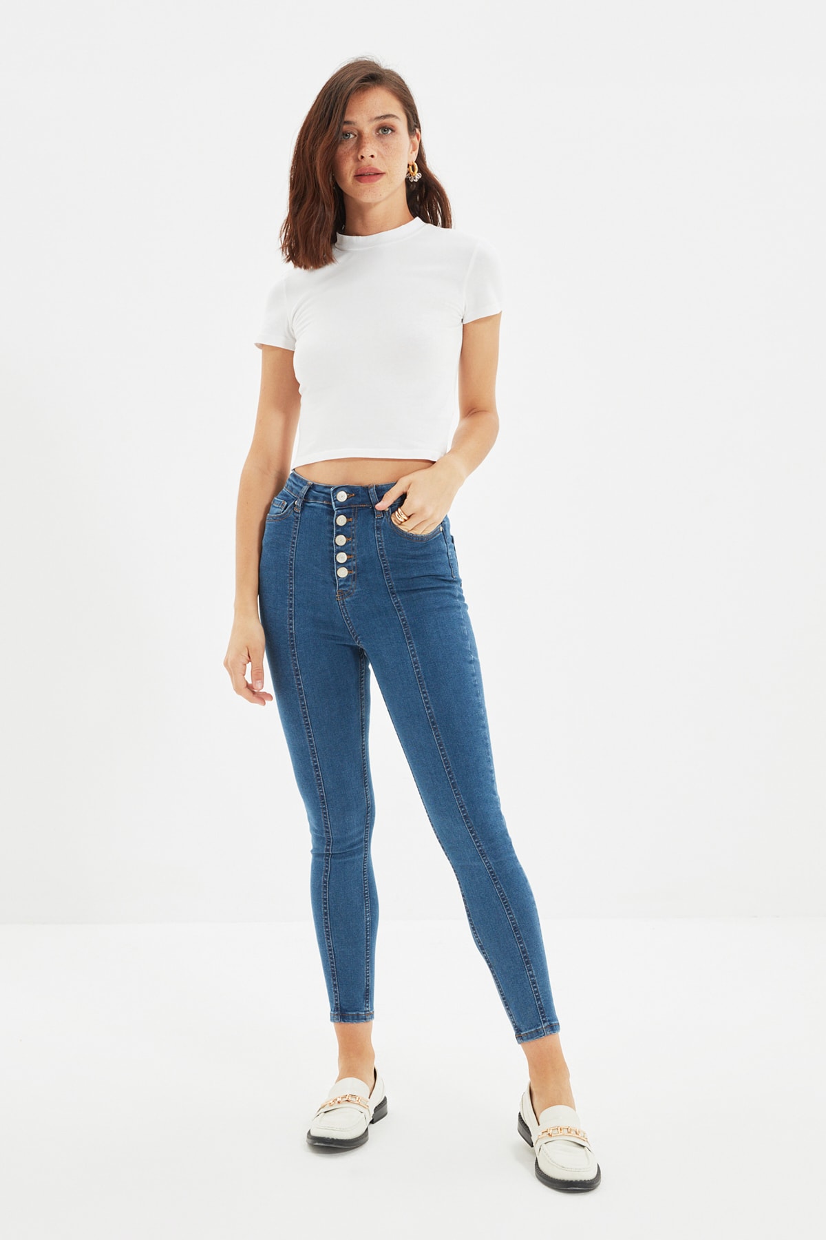 TRENDYOLMİLLA Lacivert Önden Düğmeli Yüksek Bel Skinny Jeans TWOAW22JE0748
