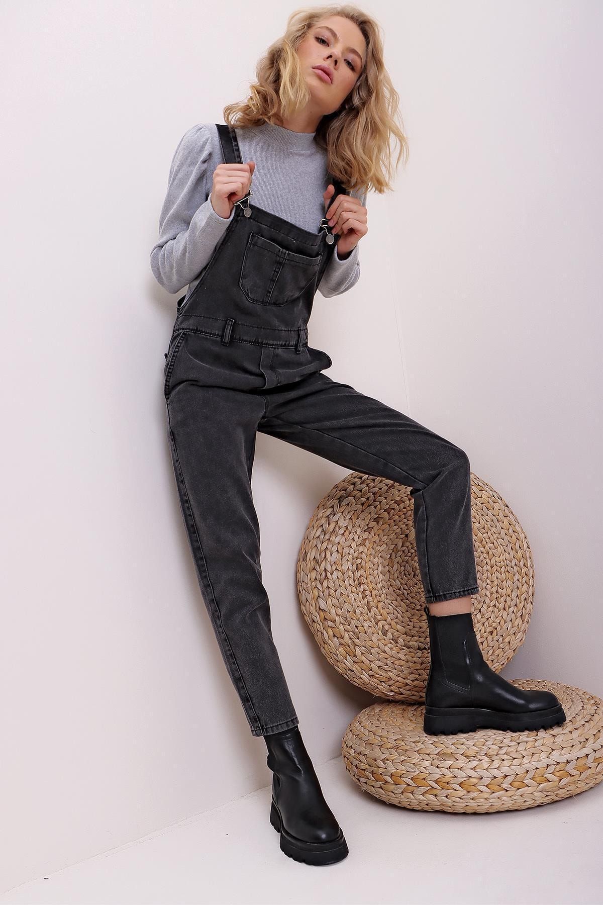 PinkPark Kadın Koyu Füme Denim Bahçıvan Salopet Smd-xdf5854