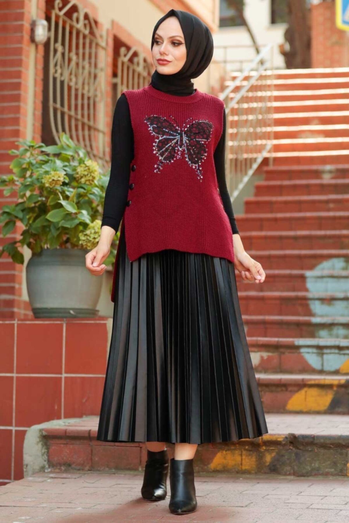 Neva Style Kelebek Detaylı Bordo Tesettür Triko Süveter 803br