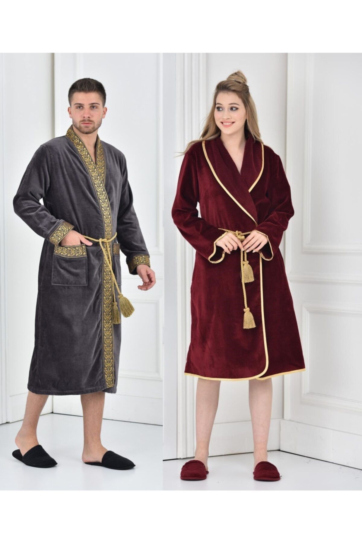 Ecocotton Organik Pamuk Aile Bornoz Seti - Şehzade Antrasit/bordo 10pcs