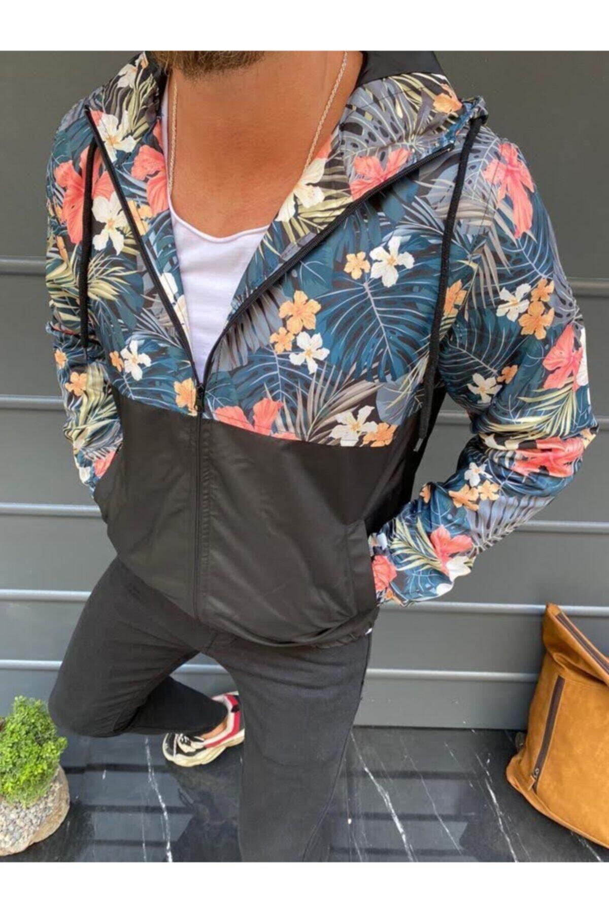 LA BOUM Siyah Erkek Çiçek Desenli Kapüşonlu Mevsimlik Yağmurluk