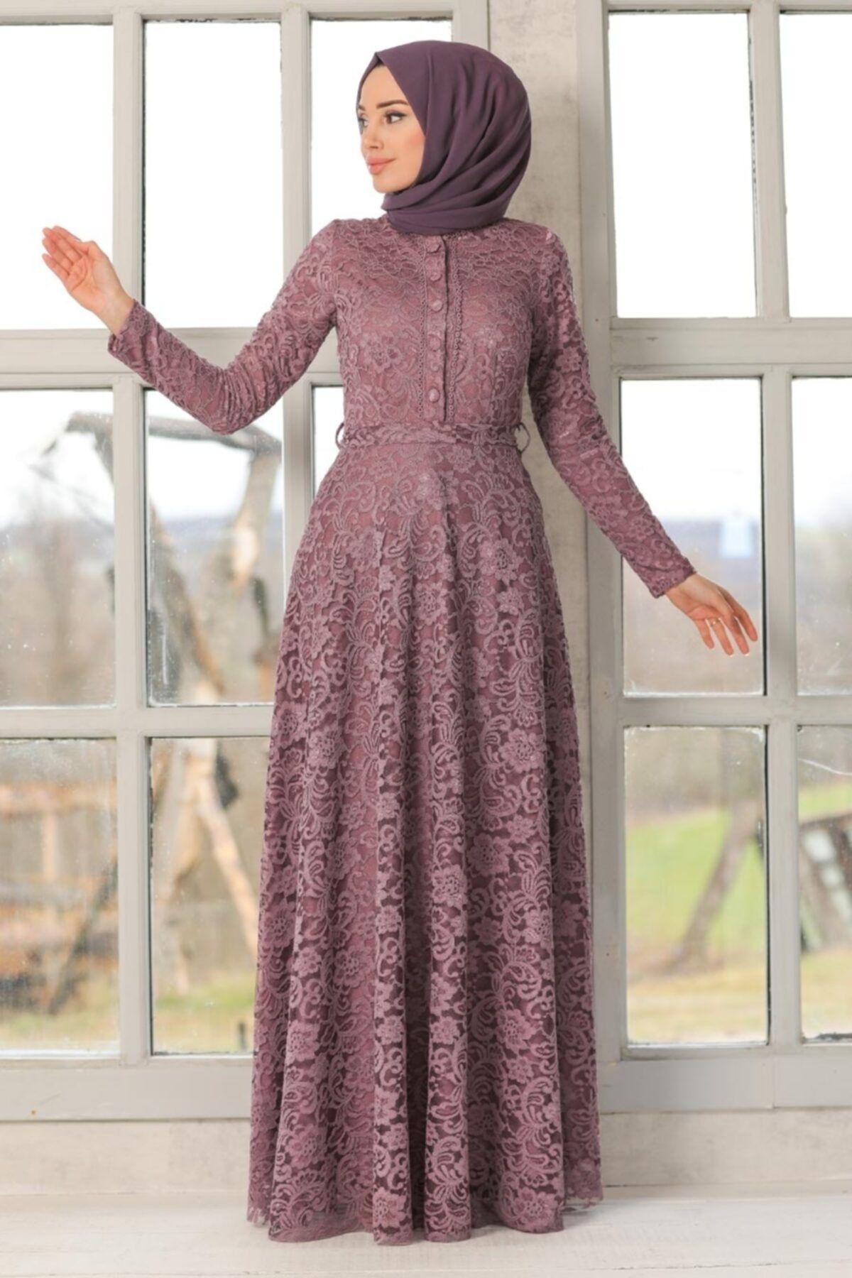 Neva Style Tesettürlü Dantel İşlemeli Gül Kurusu Tesettür Abiye Elbise 54720gk