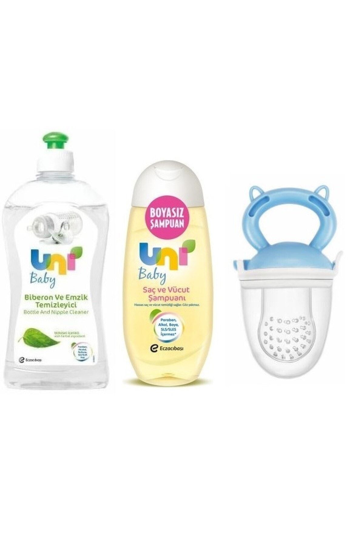 Uni Baby Biberon Ve Emzik Temizleyici 500 ml+Doğal Içerikli Saç Ve Vücut Şampuanı+Meyve Süzgeci Mavi