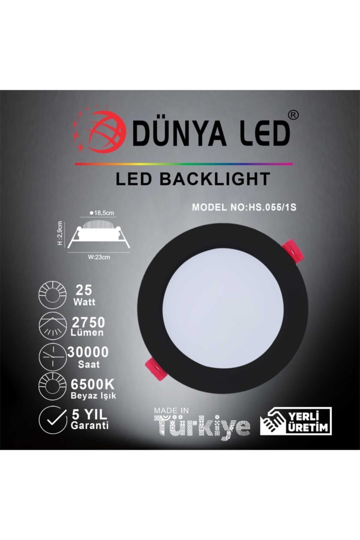 DÜNYA LED Hs.055/1s 25w Sıva Altı Led Panel 6500k Beyaz Işık Siyah