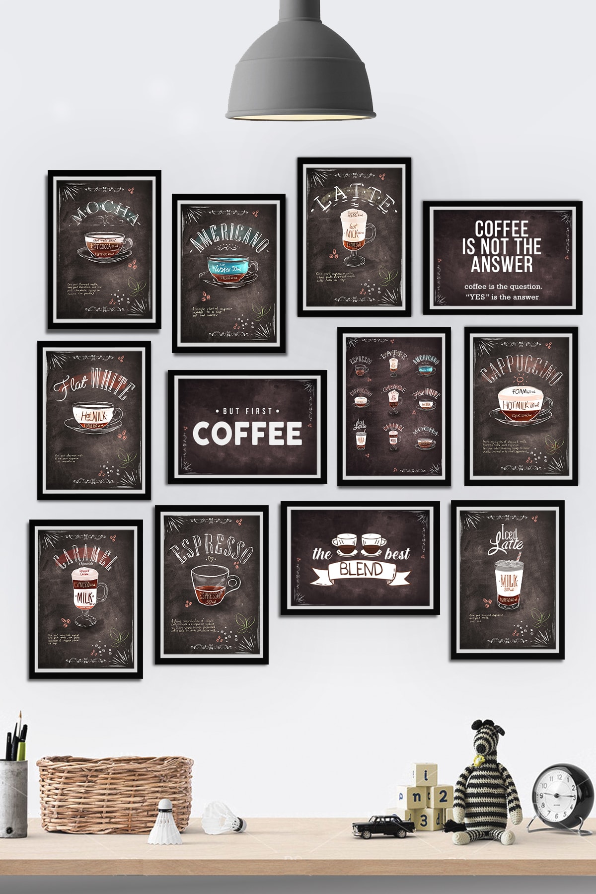 Tontilika 12 Parça Çerçeve Görünümlü Kahve Cafe Çeşitleri Temalı Mdf Tablo Seti (80x80 Cm)