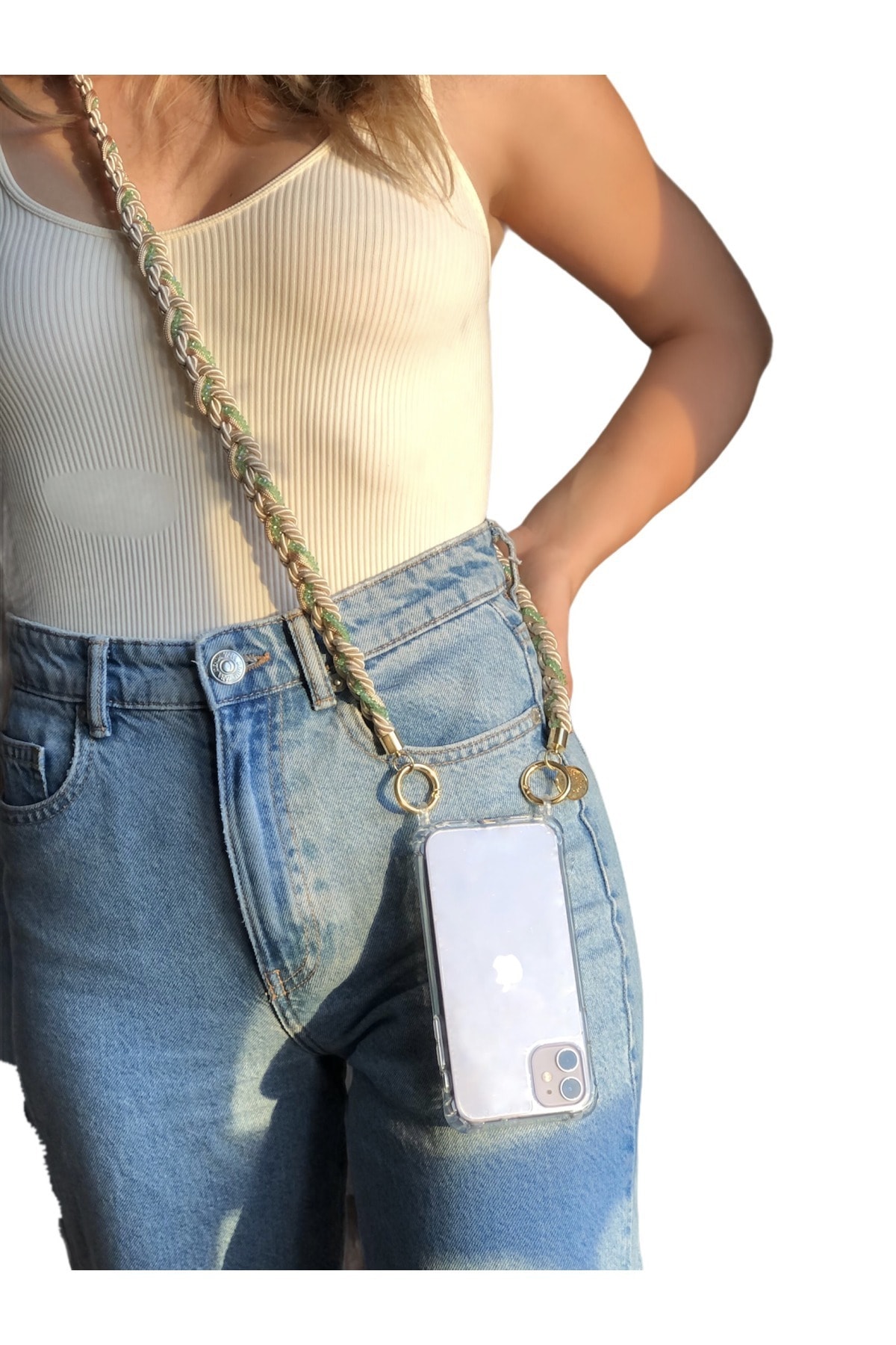 Natum Studio Moss Yeşili Kristal Taşlı Telefon Askısı, Zinciri, Boyun Askısı