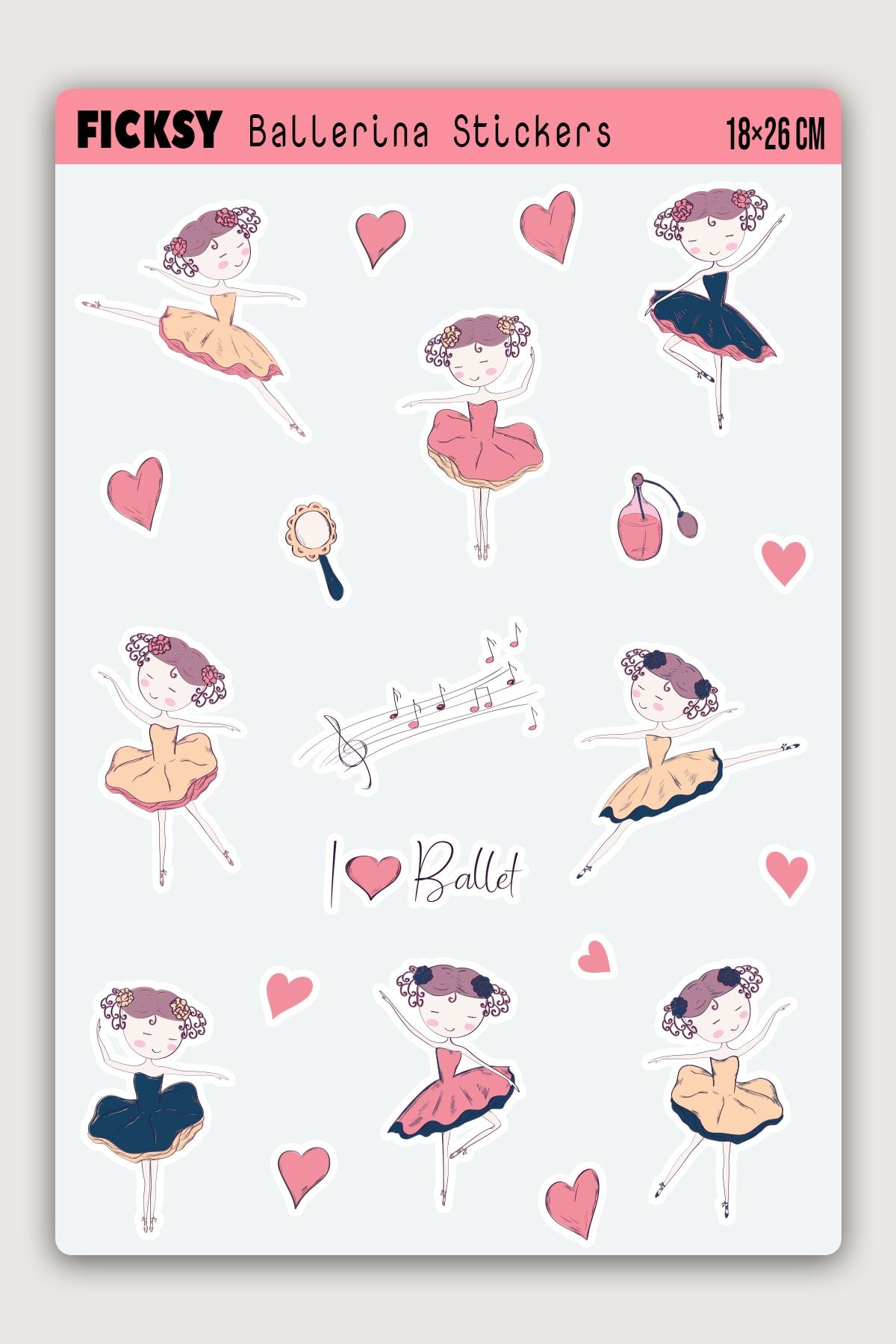 Ficksy Sevimli Küçük Balerin Kız Sticker Seti - 21 Adet Etiket Çıkartma