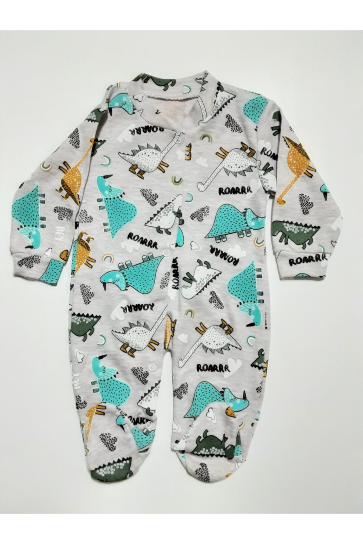 Rondo Kid's Unisex Dinazor Baskılı Patikli Çıtçıtlı Tulum