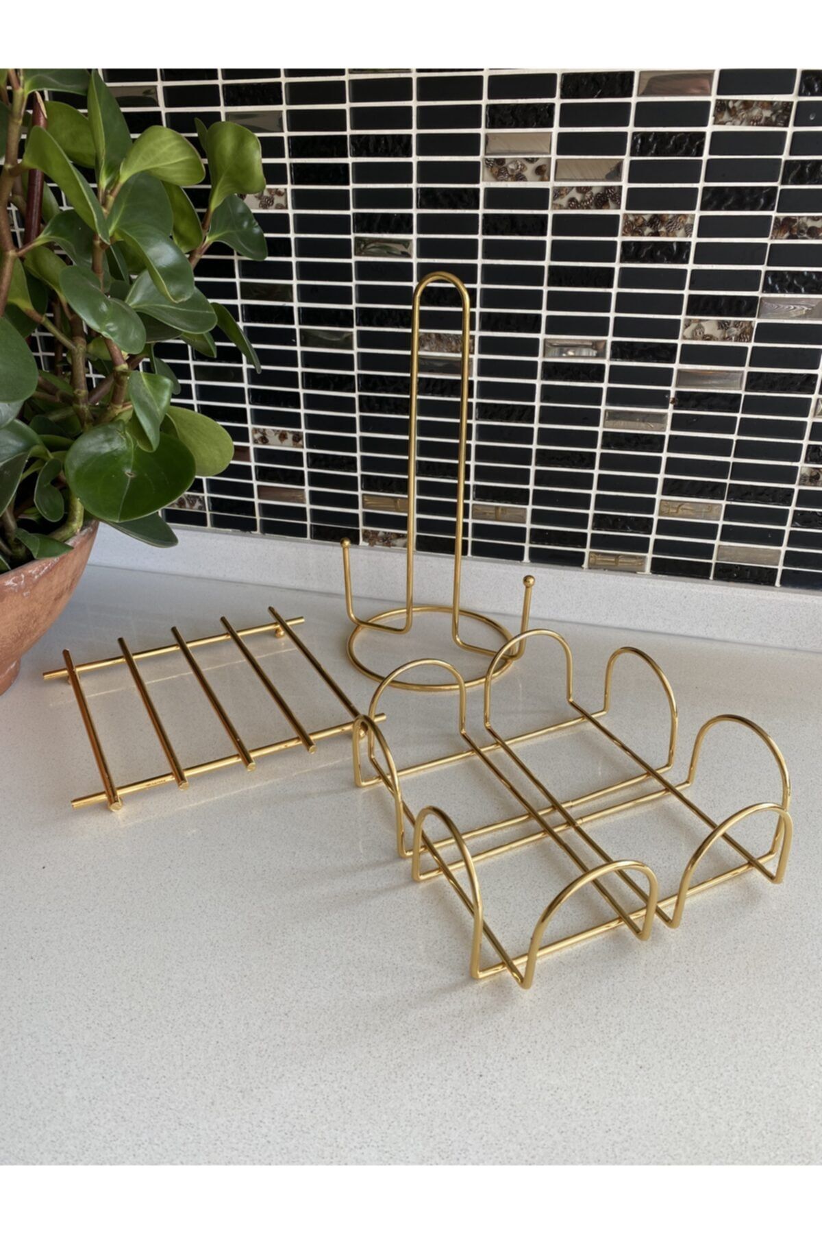 Harmoni Home 3'lü Servis Sunum Seti Paslanmaz Çelik Gold Peçetelik Kağıt Havluluk Nihale