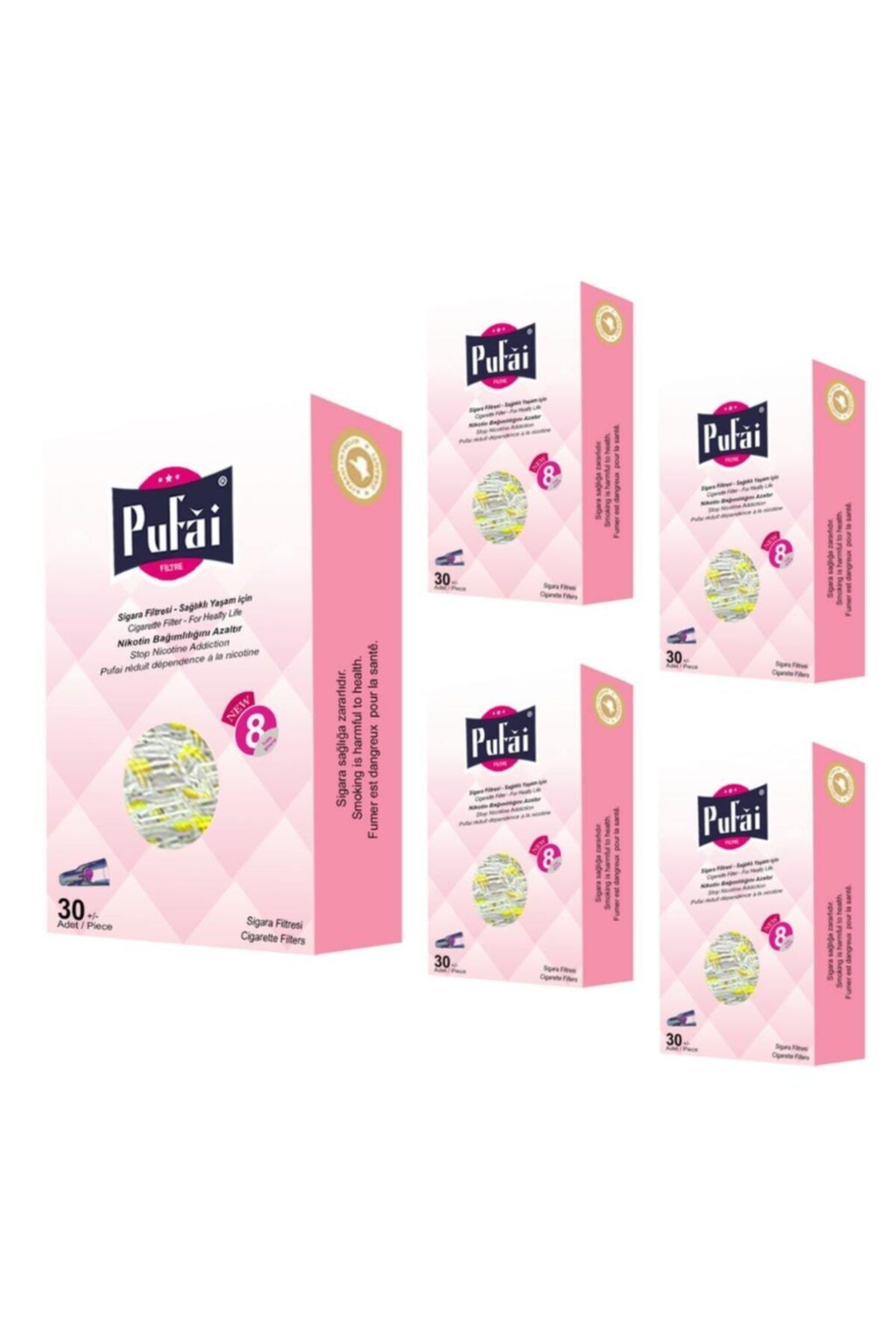 Pufai Sigara Ağızlığı Tar Süzen 8 Mm Uyumlu Normal Filtre 150 Adet 5 Kutu Pembe