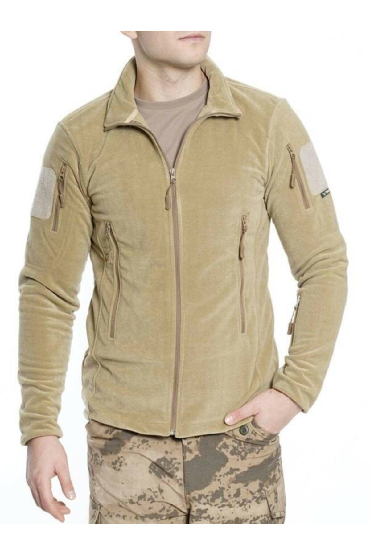 Burak Askeri Malzeme Unisex Kum Beji Renkli 5 Cepli Fermuarlı Nano Polar Üst Mont