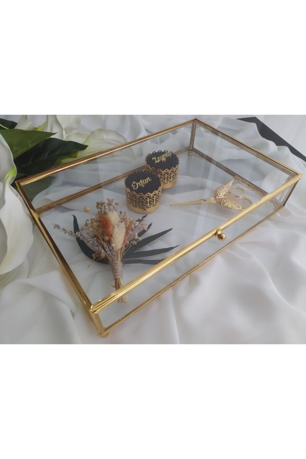Beyaz Gelincik Tasarım Dilek Gold Kapaklı Cam Kutu Yüzük Tepsi Seti