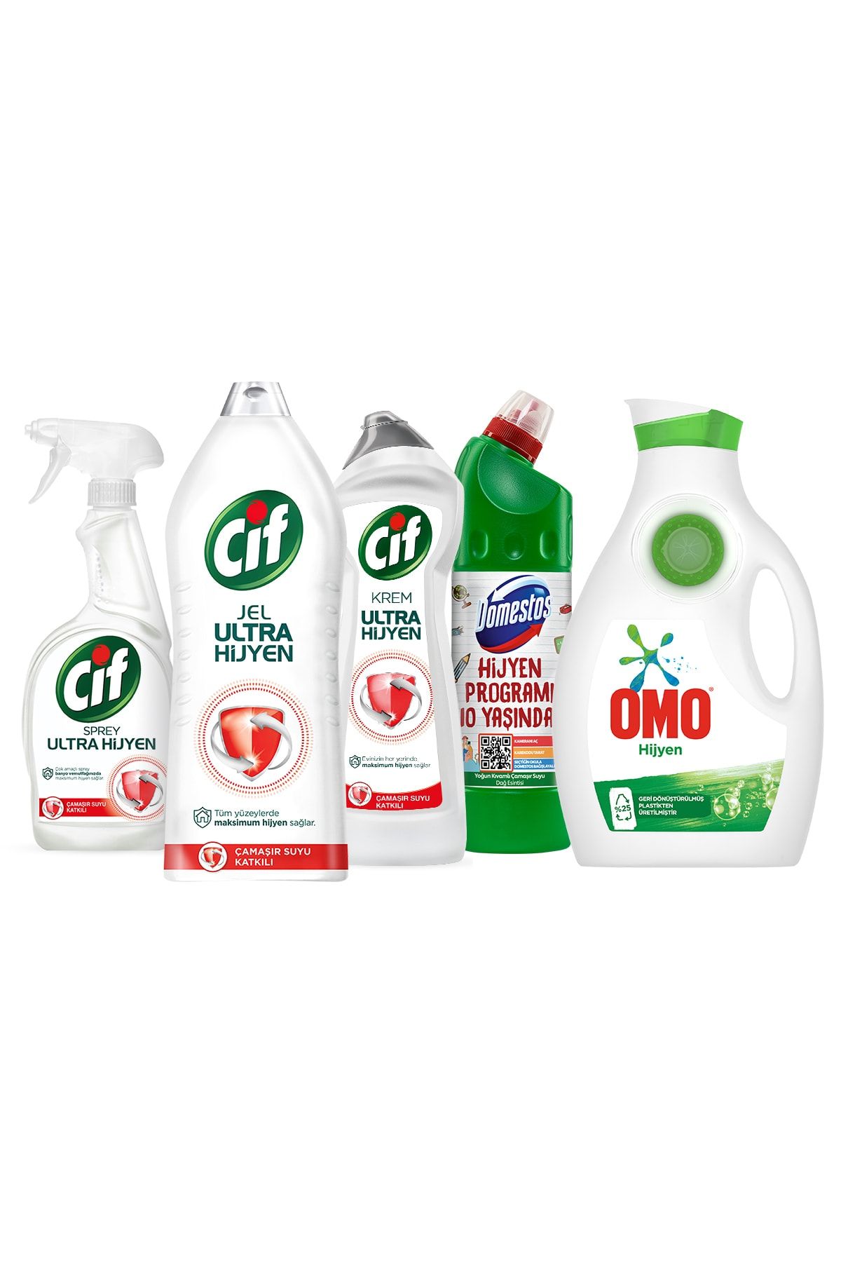 Cif Sprey Ultra Hijyen 750 ml + Jel 1500 ml + Krem 675 ml + Domestos 750 ml + Omo Hijyen Sıvı 1950 ml