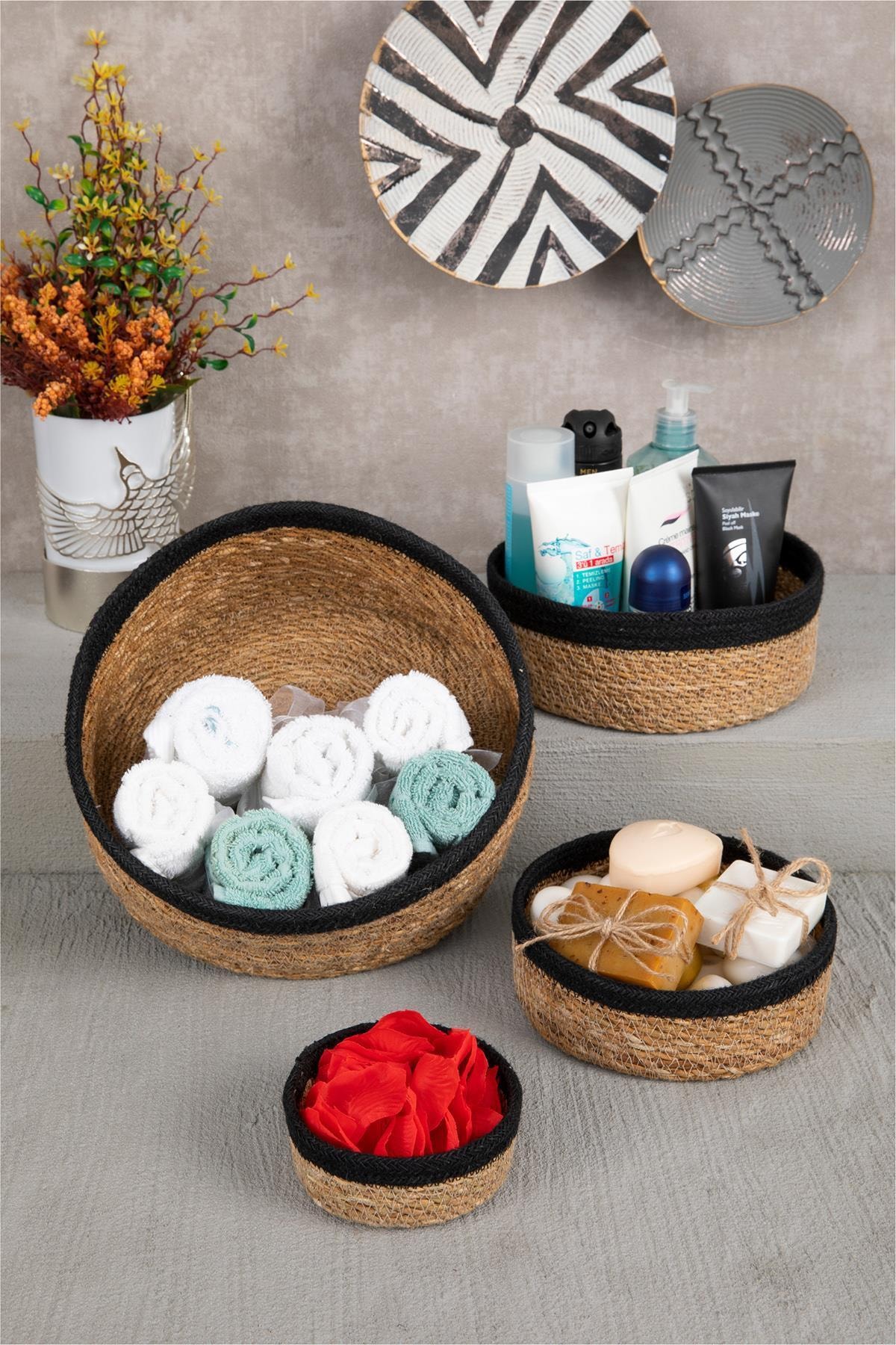 Hanne Naturel Yuvarlak Siyah Şeritli Hasır Sepet Lüx Organizer 4 Boy Banyo Ve Ev Dekoru