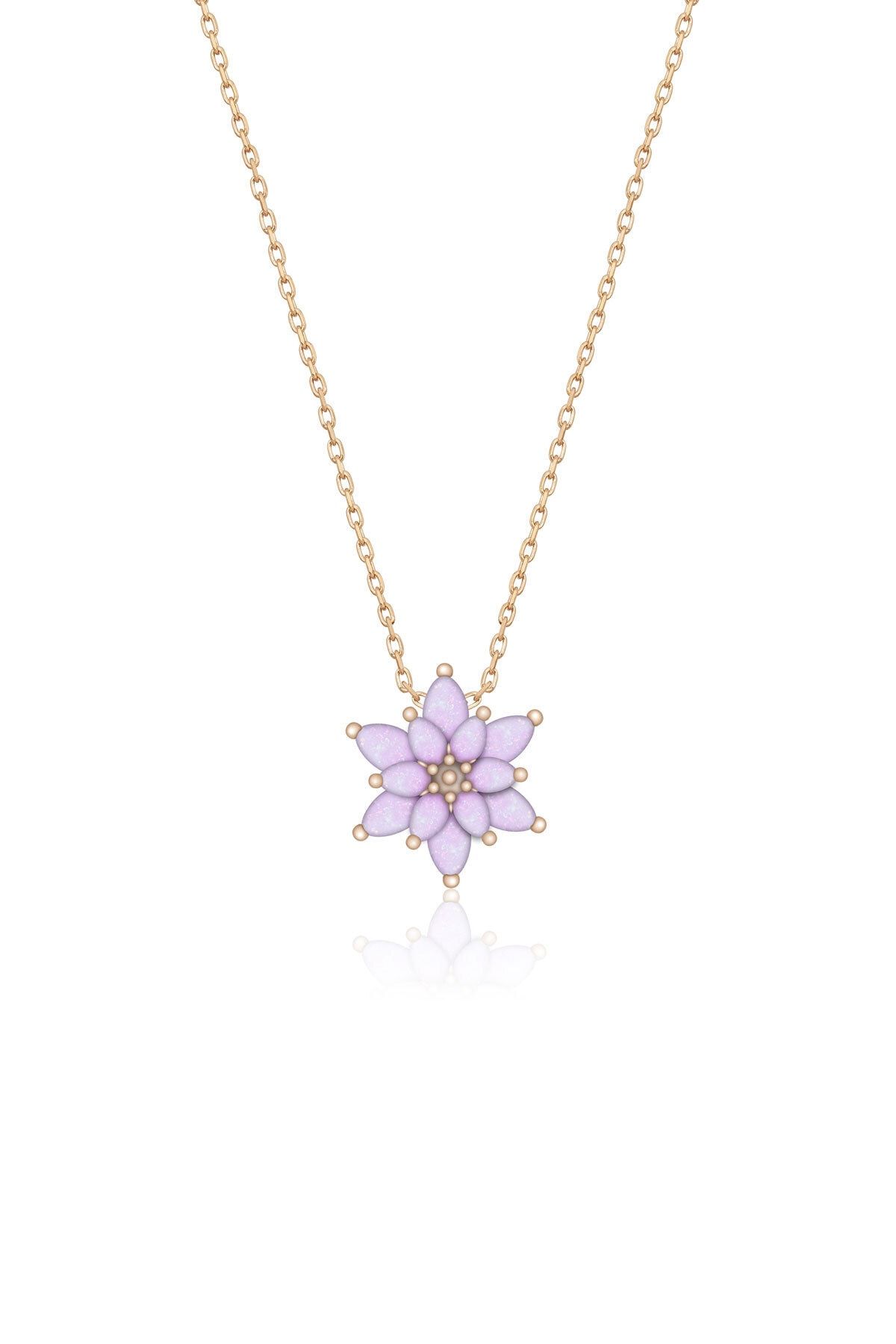Elika Silver Kadın Pembe Doğal Opal Taşlı Lotus Model 925 Ayar Gümüş Kolye