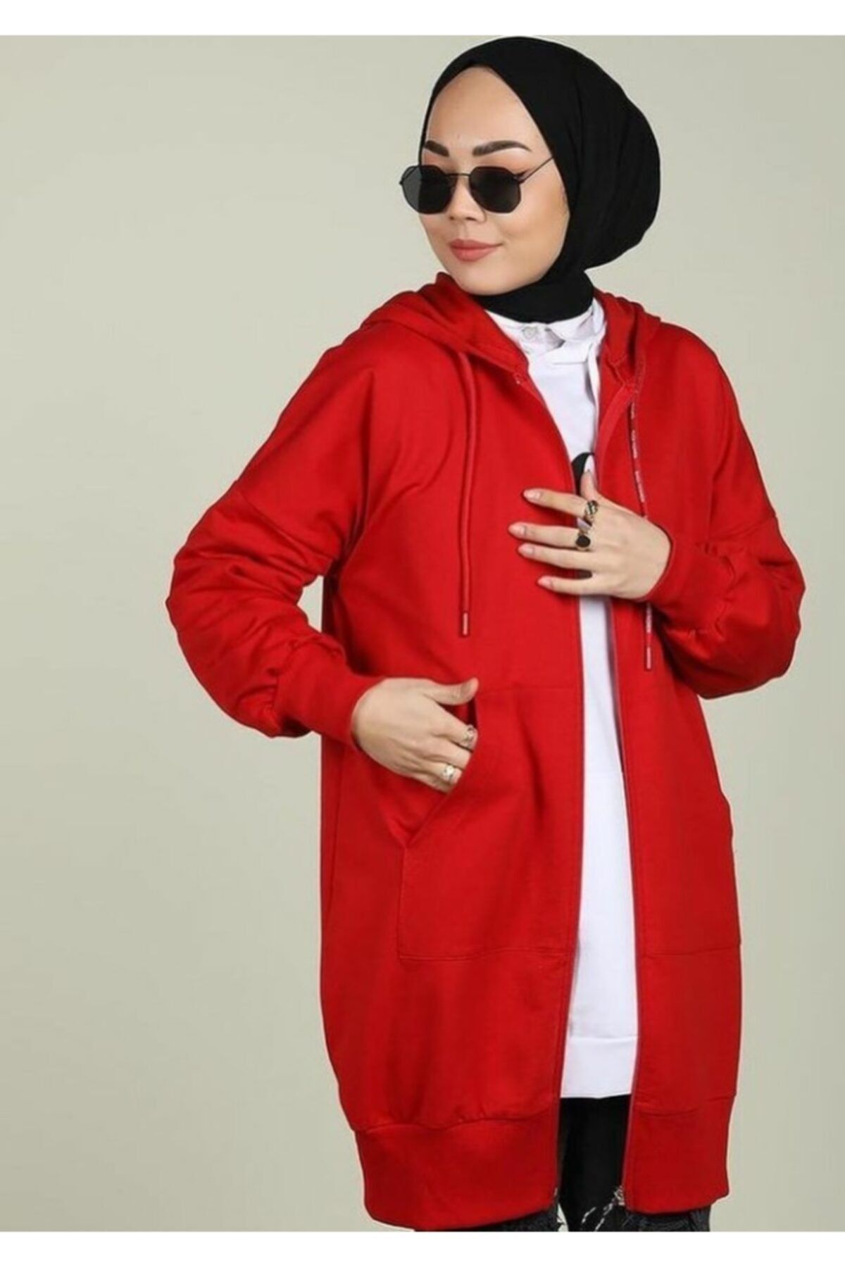 TAYHAN Kadın Tesettür Fermuarlı Kanguru Cepli Ceket Sweatshirt